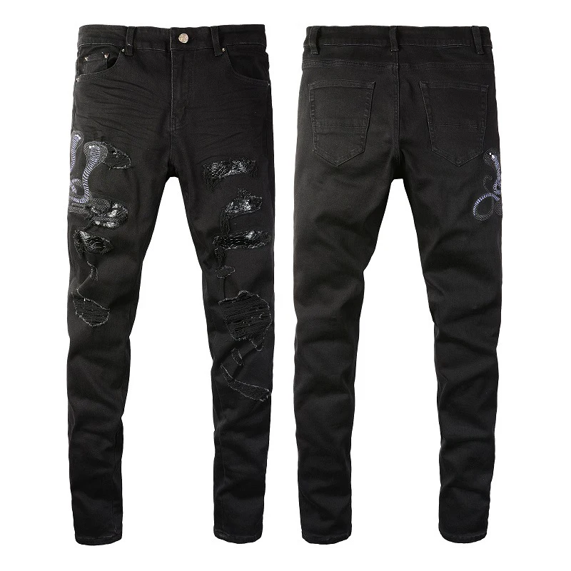 Trendamiri Европейский И американский модный бренд, мужские черные джинсы с вышивкой в виде Кобры, брюки с дырочками, эластичные облегающие брюки