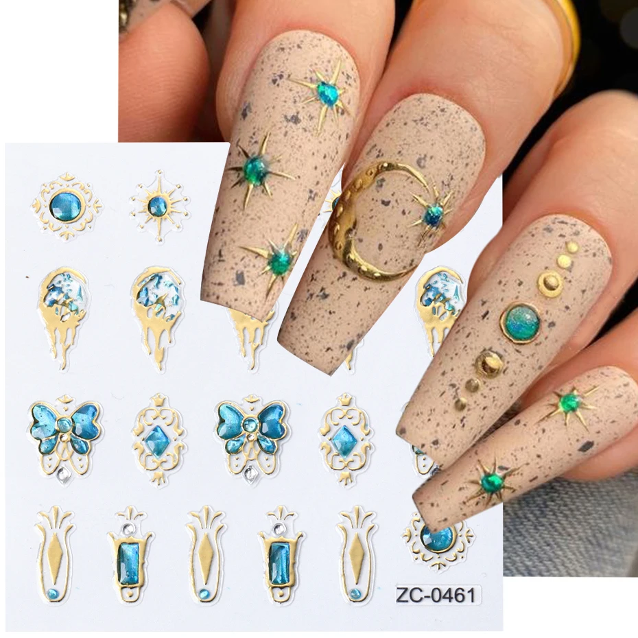 Бронзирующие Синие наклейки для ногтей с драгоценными камнями Бабочка Геометрическая Звезда 5D Клейкий Слайдер Деколь Золотое Пламя Украшение для маникюра NFZC