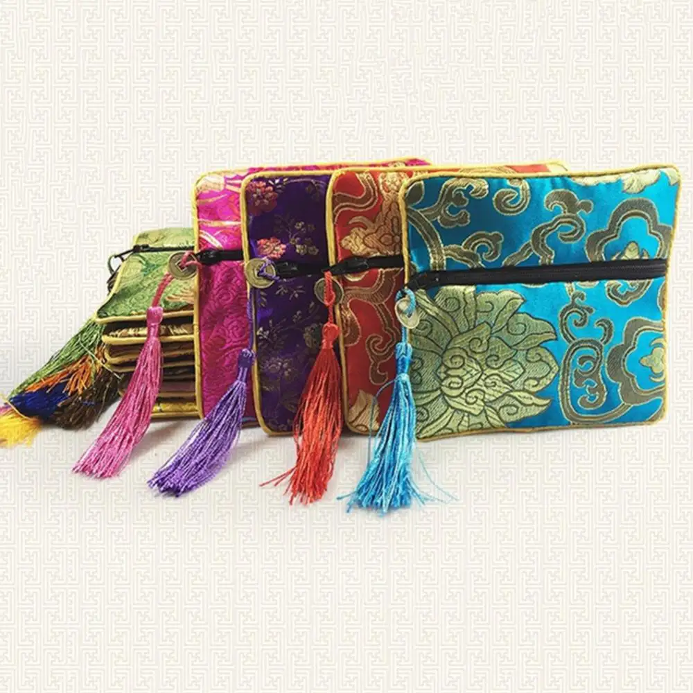 Вышивка Цветочным саше Квадратная Счастливая сумка с кисточками на молнии Сумка для хранения ювелирных изделий